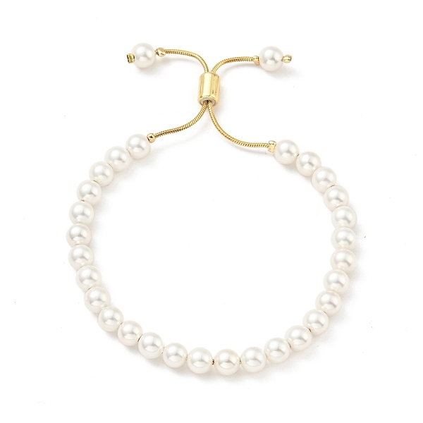 Shell Pearl Beaded Slider Bracelet with Brass Snake Chain, Lead Free & Cadmium Free, Real 18K Gold Plated, Beads: 6mm, Inner Diameter: 1-3/4-2-5/8 inch(4.35-6.65cm)