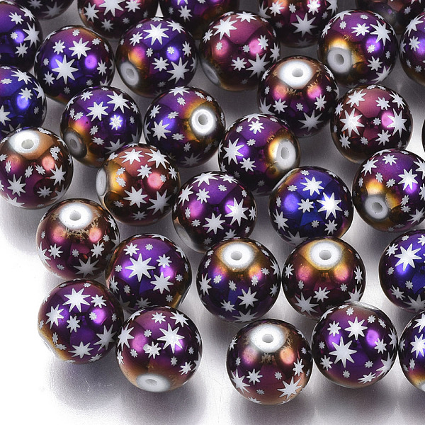 

PandaHall Christmas Electroplate Glass Beads, Round with Star Pattern, Purple Plated, 10mm, Hole: 1.2mm Glass Round