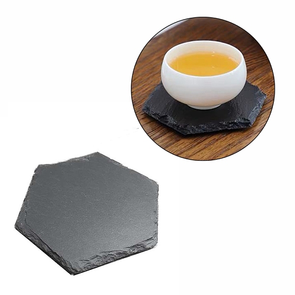 

PandaHall Natural Black Stone Cup Mat, Rough Edge Coaster, with Sponge Pad, Hexagon, 86x100x7.4mm Black Stone Hexagon