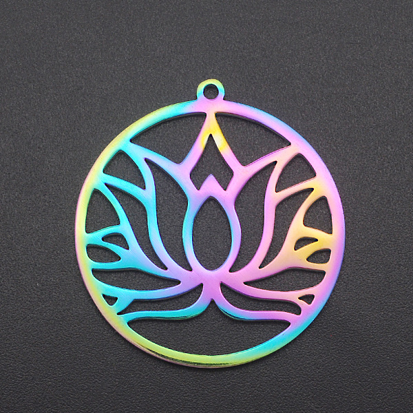 

PandaHall Ion Plating(IP) 201 Stainless Steel Pendants, Ring with Lotus, Laser Cut, Rainbow Color, 32x30x1mm, Hole: 1.6mm 201 Stainless...