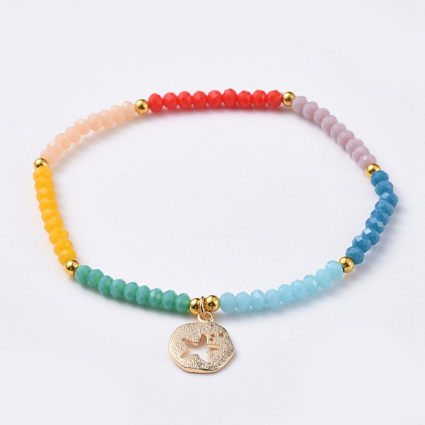 

PandaHall Chakra Jewelry, Charm Bracelets, with Faceted Rondelle Glass Beads and Real 18K Gold Plated Brass Charms, Flat Round with...