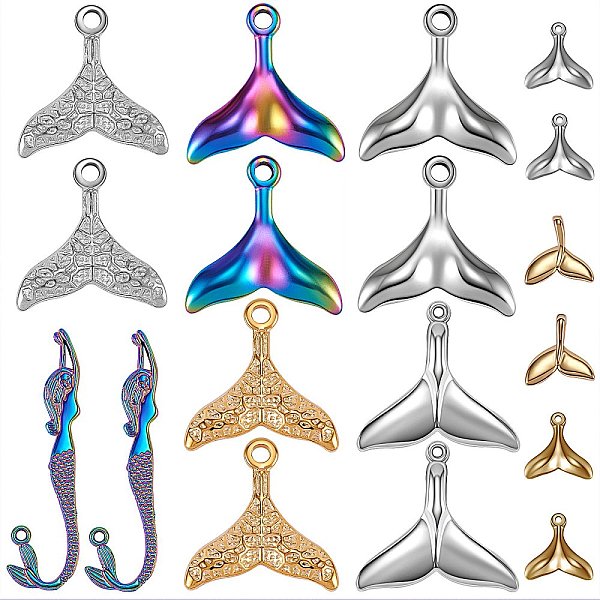 PandaHall 18Pcs 9 Style Eco-Friendly Brass and 304 Stainless Steel Charms, Tibetan Style Alloy Pendants, Fishtail and Mermaid, Mixed Color...