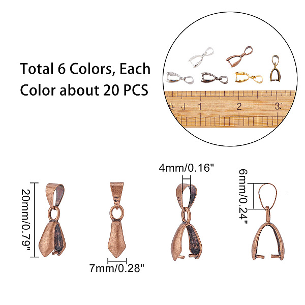 

PandaHall Brass Pinch Bails, Ice Pick, Mixed Color, 20x7mm, Hole: 4mm, 6 colors, 20pcs/color, 120pcs/box Brass