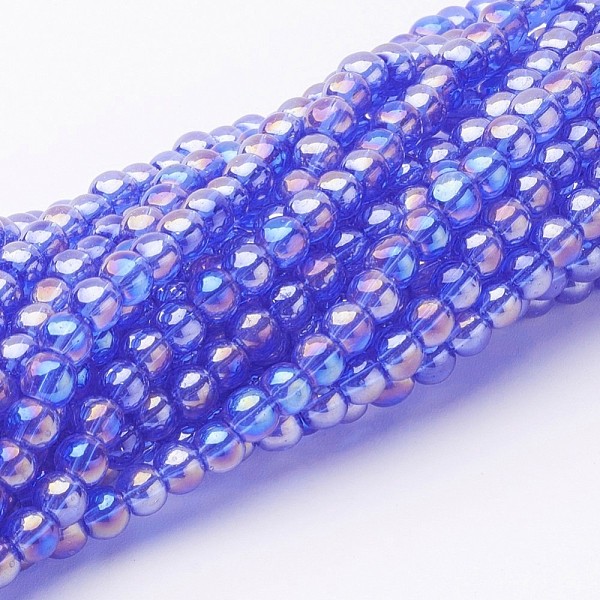 PandaHall Glass Bead Strands, Round, AB Color Plated, Royal Blue, 10mm, Hole: 1mm, about 30pcs/strand, 12inches Glass Round Blue
