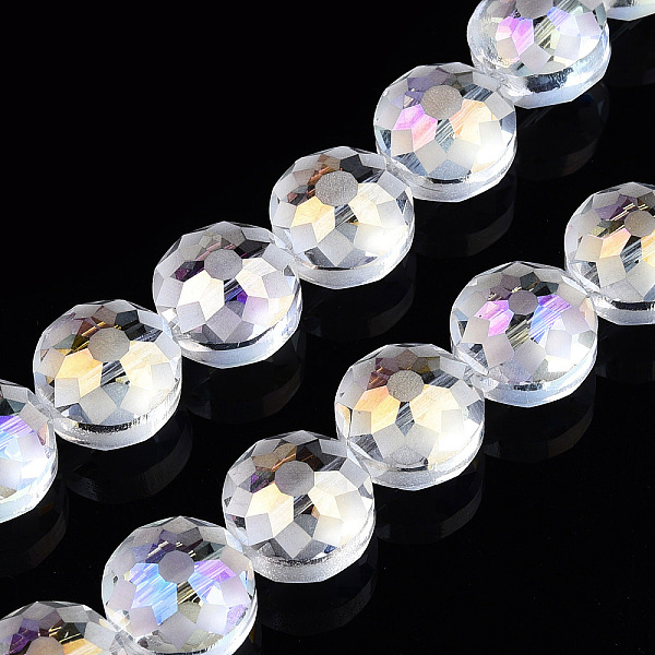 

PandaHall Electroplate Glass Beads Strands, Frosted, Rainbow Plated, Faceted, Flat Round, Clear AB, 12x8~9mm, Hole: 1mm, about 50pcs/strand..., White