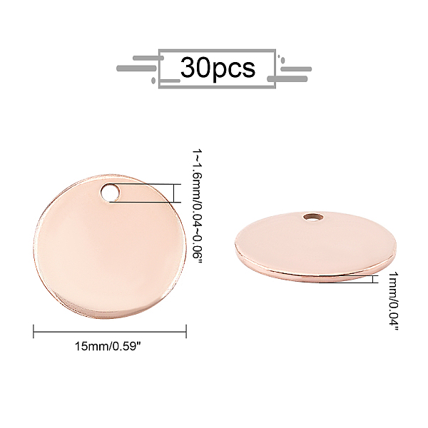 

PandaHall Vacuum Plating 304 Stainless Steel Charms, Stamping Blank Tag Pendant, Flat Round, Rose Gold, 15x1mm, Hole: 1mm, 30pcs/box...