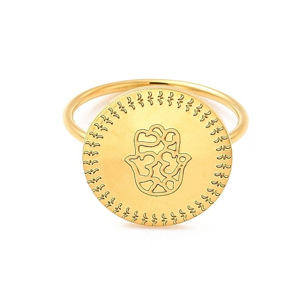 

PandaHall 304 Stainless Steel Finger Rings for Women, Flat Round, Hamsa Hand Pattern, 1mm, Inner Diameter: US Size 6(16.5mm), flat round...
