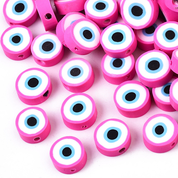 

PandaHall Handmade Polymer Clay Beads, Flat Round with Evil Eye, Camellia, 9~10x3.5~4.5mm, Hole: 1.5mm Polymer Clay Evil Eye Pink