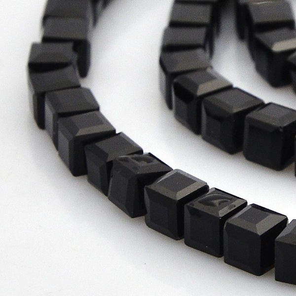 

PandaHall Faceted Cube Glass Beads Strands, Black, 4x4x4mm, Hole: 1mm, about 100pcs/strand, 16.9 inch Glass Cube Black