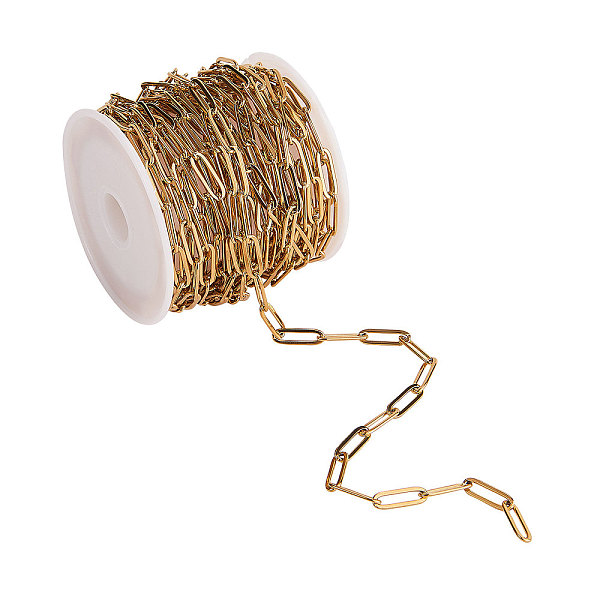 

PandaHall 304 Stainless Steel Paperclip Chains, Drawn Elongated Cable Chains, Soldered, with Spool, Golden, Link: 12x4x1mm, about 5m/roll...