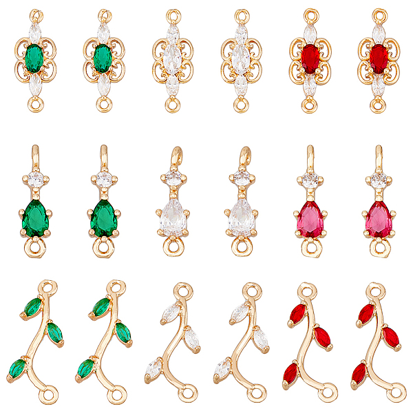 

PandaHall SUPERFINDINGS 18Pcs 9 Styles Brass Pave Cubic Zirconia Connector Charms, Light Gold, Long-Lasting Plated, Branch & Teardrop &..., Multicolor