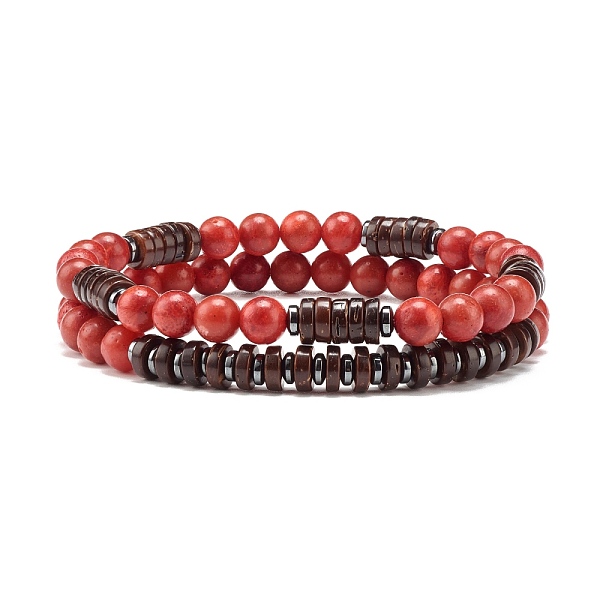 PandaHall Synthetic Grass Coral & Non-magnetic Hematite Beads Energy Stretch Bracelets Set, Coconut Beads Bracelets for Girl Women, Inner...
