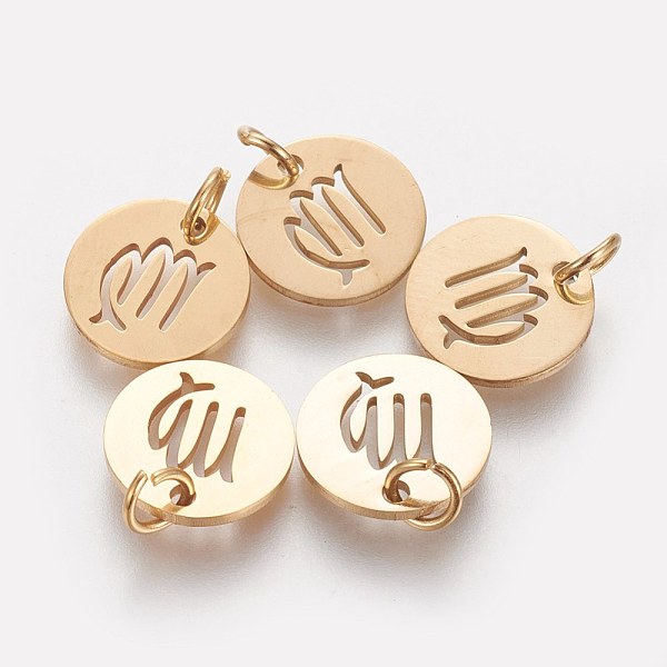 

PandaHall 304 Stainless Steel Charms, Flat Round with Constellation/Zodiac Sign, Golden, Virgo, 12x1mm, Hole: 3mm 304 Stainless Steel Virgo