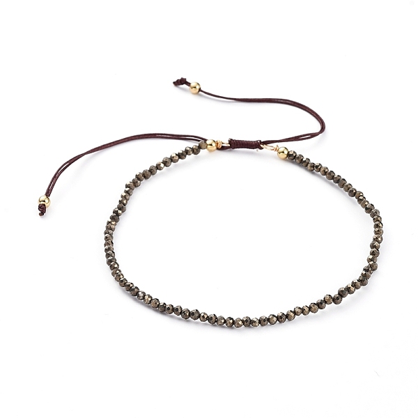 

PandaHall Braided Bead Bracelets, with Natural Pyrite Beads and Golden Plated Brass Beads and Braided Nylon Thread, 55~86mm Pyrite