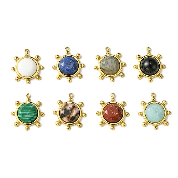 

PandaHall Ion Plating(IP) 304 Stainless Steel Pave Faceted Natural & Synthetic Mixed Gemstone Pendants, Granulated Flat Round Charms, Real...