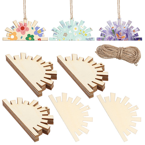 

PandaHall CHGCRAFT 26Pcs Unfinished Wood Slices, Wood Cutouts, Sun, 1 Bundle Jute Cord, Cornsilk, 4.95x10x0.15cm, Hole: 3mm Wood Sun Gold