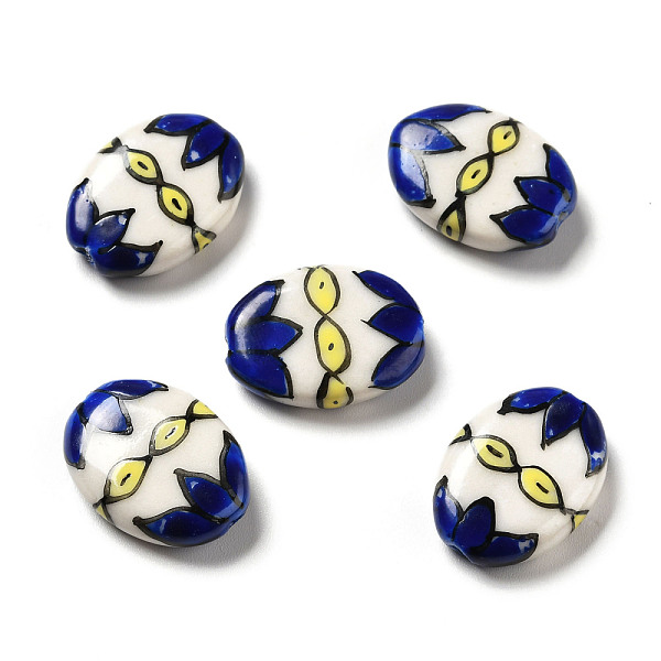 

PandaHall Handmade Printed Porcelain Beads, Oval with Flower Pattern, Blue, 18x14.5x5mm, Hole: 1.6mm Porcelain Flower Blue