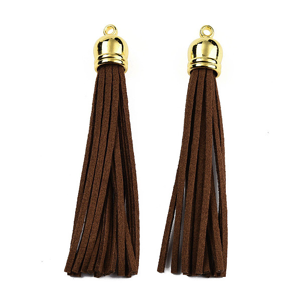 

PandaHall Faux Suede Tassel Pendant Decorations, with CCB Plastic Cord Ends, Golden, Sienna, 84~89x11.5~12mm, Hole: 2.5mm Faux Suede Brown