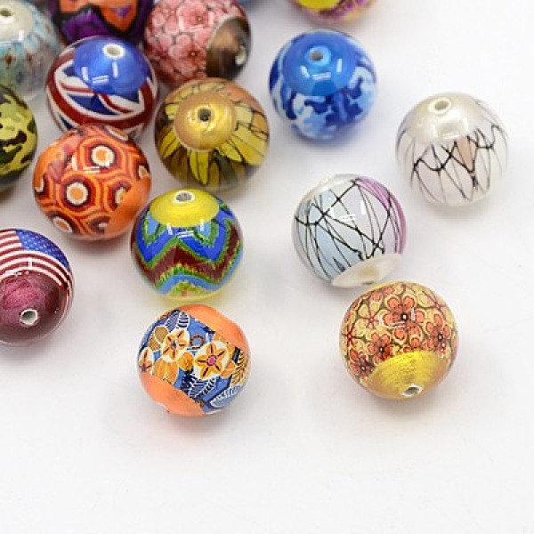 

PandaHall Picture Glass Beads, Round, Mixed Color, 14mm, Hole: 1mm Glass Round Multicolor