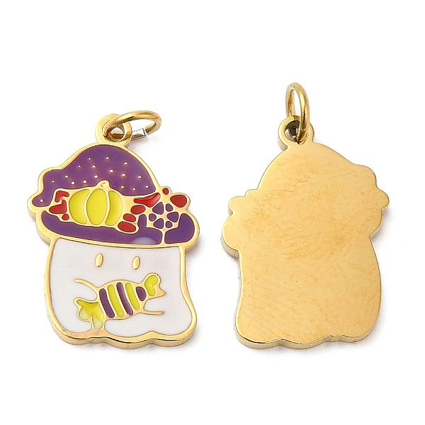 

PandaHall Halloween Ion Plating(IP) 304 Stainless Steel Pendants, with Enamel and Jump Ring, Golden, Ghost with Candy Charm, Purple...
