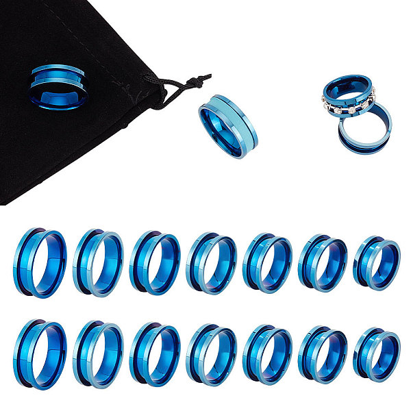 

PandaHall Unicraftale 14Pcs 7 Size Titanium Steel Grooved Finger Rings Set, with 1Pc Rectangle Velvet Pouches, Blue, Inner Diameter...