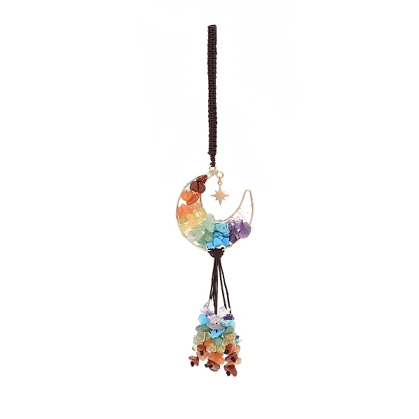 

PandaHall Wire Wrapped Chips Natural Gemstone Big Pendant Decorations, with Red Copper Plated Brass Wires and Nylon Cord, Moon with Star...