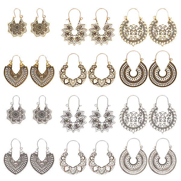 

PandaHall ANATTASOUL 12 Pairs 12 Style Bohemia Hollow Out Heart & Flower & Teardrop & Flat Round Alloy Hoop Earrings, Iron Jewelry for Women...