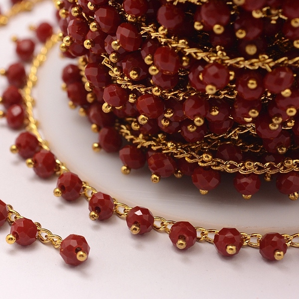 

PandaHall 3.28 Feet Handmade Glass Beaded Chains, Soldered, with Brass Findings, Dark Red, 7x4mm Brass+Glass