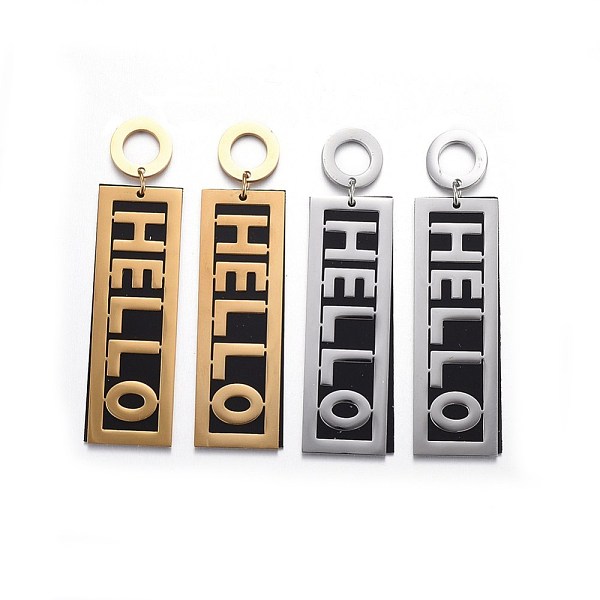 

PandaHall (Jewelry Parties Factory Sale)304 Stainless Steel Stud Earrings, with Plastic, Rectangle with Word HELLO, Mixed Color, 63mm, Pin...