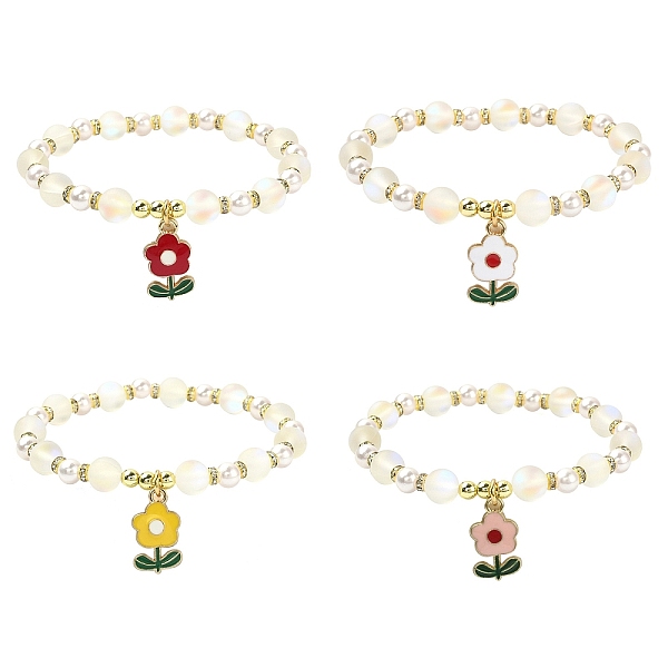 

PandaHall Synthetic Moonstone & Plastic Pearl & Hematite Beaded Stretch Bracelet, Zinc Alloy Enamel Flower Charms Bracelet, Mixed Color..., Multicolor