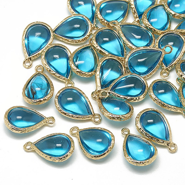 

PandaHall Glass Pendants, with Golden Tone Brass Findings, teardrop, Deep Sky Blue, 22x14x8mm, Hole: 1.5mm Brass+Glass Teardrop Blue