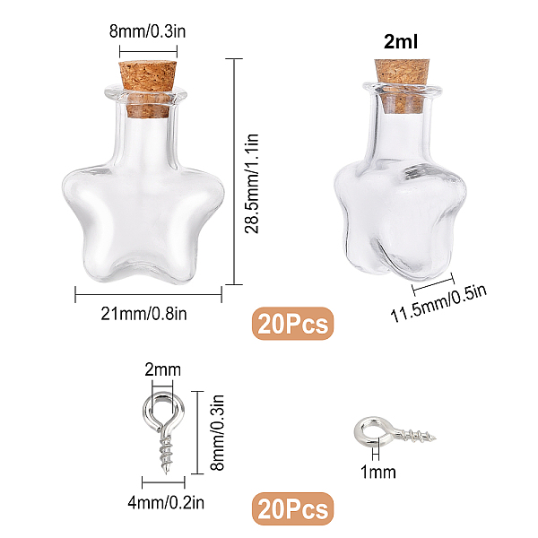

PandaHall SUNNYCLUE 20Pcs Star Shape Tiny Bottle Charms Mini Wish Glass Bottles Small Potion Bottle with Cork Stopper & 20Pcs Eye Pin Peg..., Clear