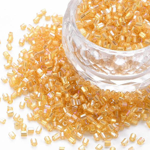 

PandaHall Glass Bugle Beads, Transparent Colours Rainbow, Goldenrod, 2.5~3x2mm, Hole: 0.9mm, about 15000pcs/pound Glass Gold