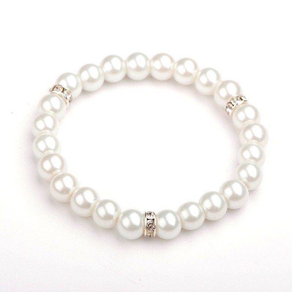 

PandaHall Glass Pearl Round Beads Stretch Bracelets, with Silver Color Plated Brass Middle East Rhinestone Beads, White, 52mm Glass White