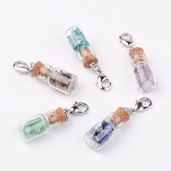 

PandaHall Glass Bottle Pendants, with Natural & Synthetic Mixed Stone Chip Beads and Brass Lobster Claw Clasps, Platinum, 38mm Mixed Stone...