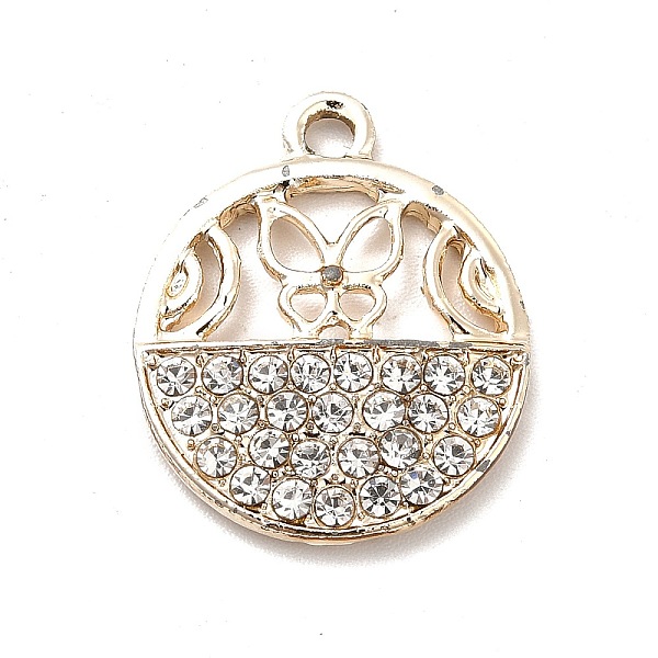 

PandaHall Alloy Crystal Rhinestone Pendants, Flat Round with Hollow Out Butterfly Charms, Light Gold, 20.5x17x2.6mm, Hole: 1.8mm..., Clear