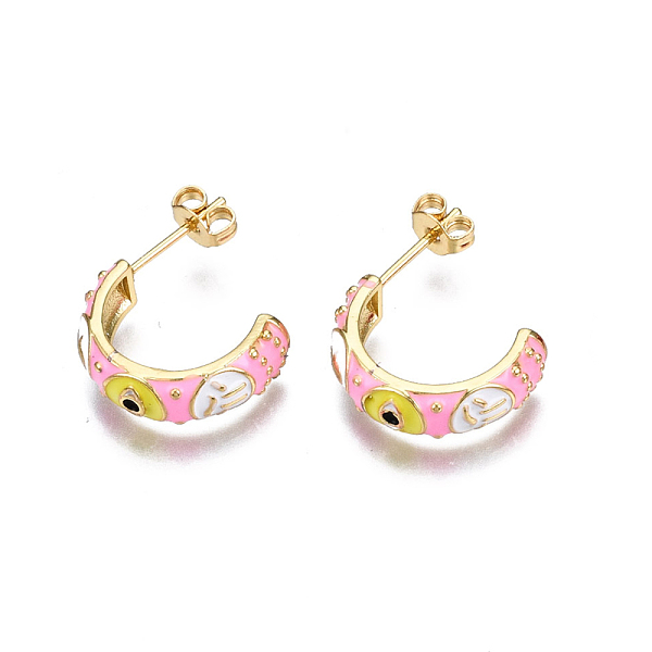 

PandaHall Brass Enamel Half Hoop Earrings, with Ear Nuts, Nickel Free, Letter C Shape with Evil Eye, Real 16K Gold Plated, Pink, 18x5.5mm...
