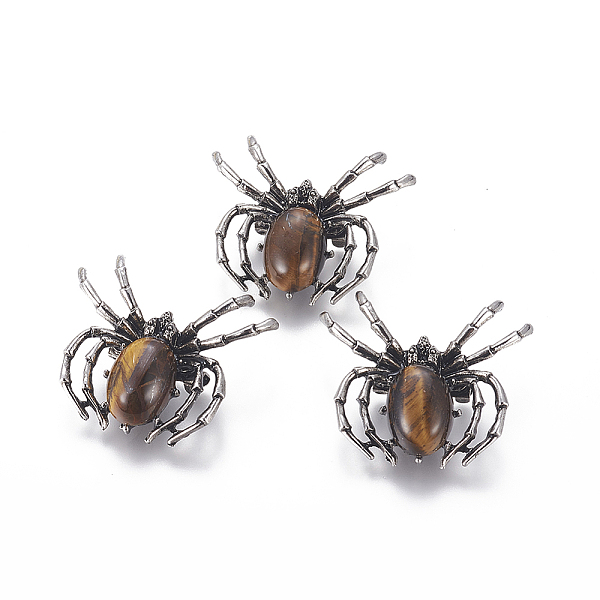 

PandaHall Natural Tiger Eye Brooch, with Alloy Findings and Glass, Spider, Antique Silver, 34~35x41~42x7mm, Hole: 3x5mm Tiger Eye