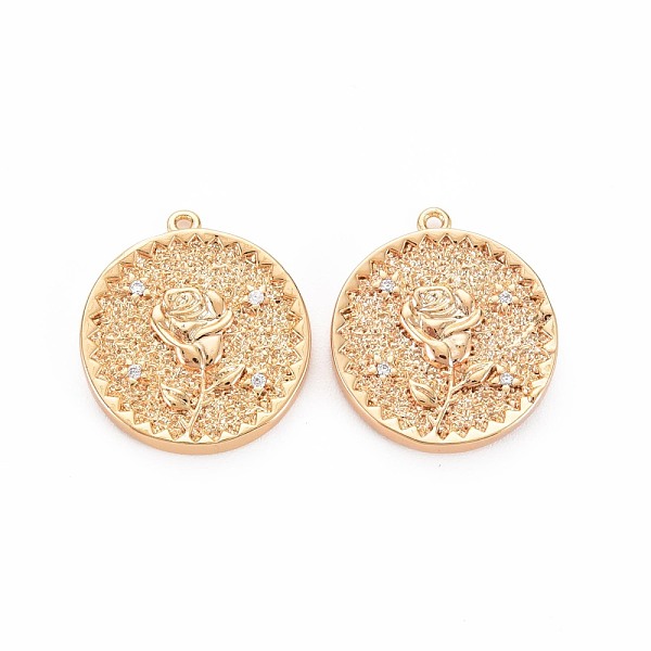 

PandaHall Brass Micro Pave Clear Cubic Zirconia Pendants, Nickel Free, Flat Round with Rose, Real 18K Gold Plated, 19.5x17.5x2.5mm, Hole...