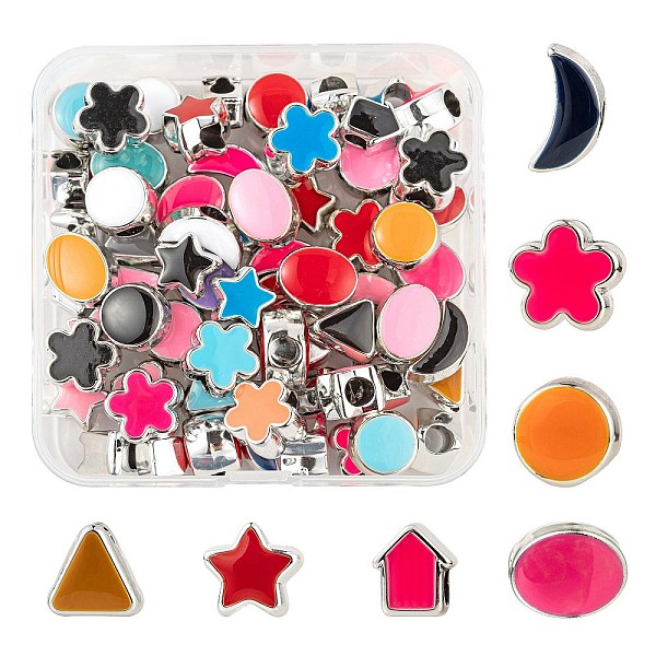 

PandaHall 70Pcs 7 Style UV Plating Acrylic European Beads, with Enamel, Large Hole Beads, Flower & Flat Round & Oval & Allow & Star & Moon &..., Multicolor