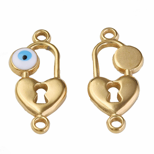 

PandaHall 304 Stainless Steel Enamel Connector Charms, Golden, Heart-Shaped Lock with Evil Eye, White, 23x11x3mm, Hole: 1.5mm 304 Stainless...