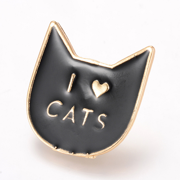 

PandaHall Alloy Enamel Kitten Brooches, Enamel Pin, with Brass Finding, Cat Head with Word I Love Cats, Light Gold, Black, 29x27mm, Pin...
