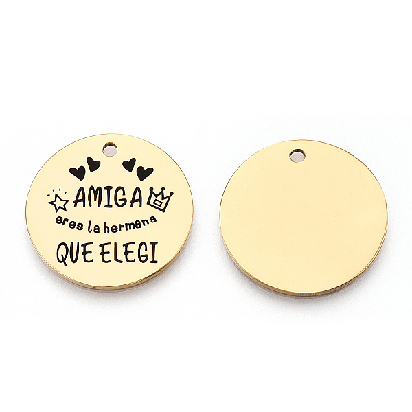 

PandaHall 201 Stainless Steel Pendants, Flat Round with Word & Heart, Golden, 30x1.5mm, Hole: 2mm 201 Stainless Steel Flat Round