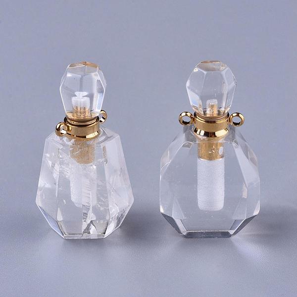 PandaHall Faceted Natural Quartz Crystal Pendants, Openable Perfume Bottle, with Golden Tone Brass Findings, 36~37x18.5~20x13~14mm, Hole...