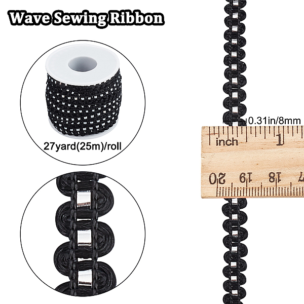 

PandaHall Gorgecraft 25M Metallic Yarn Lace Ribbons, Jacquard Ribbon, Garment Accessories, Black, 1/4 inch(8mm) Polyester Black