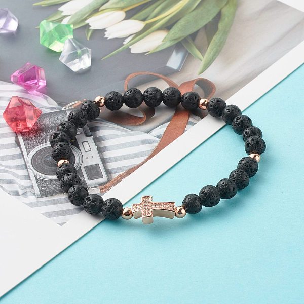 

PandaHall Natural Lava Rock Beads Stretch Bracelet for Girl Women, Cross Brass Micro Pave Cubic Zirconia Bracelet, Rose Gold, Inner Diameter...
