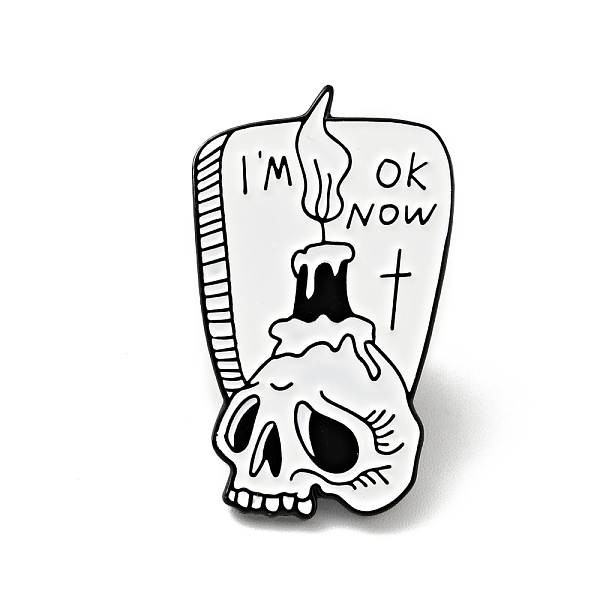 PandaHall Skull with Candle Halloween Enamel Pin, Word I'm Ok Now Alloy Badge for Backpack Clothes, Electrophoresis Black, White...