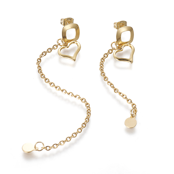 

PandaHall 304 Stainless Steel Stud Earrings, Hypoallergenic Earrings, Asymmetrical Earrings, with Cable Chains and Ear Nuts, Heart, Golden...