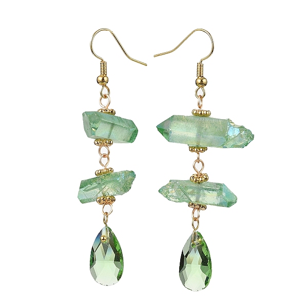 

PandaHall Dyed Natural Quartz Crystal Nugget & Teardrop Dangel Earrings, Real 18K Gold Plated Brass Long Drop Earrings, Light Green...