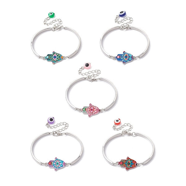 

PandaHall Alloy Bangles, Hamsa Hand with Evil Eye Link Bracelets for Women, Mixed Color, 5-1/4 inch(13.2cm) Alloy Hamsa Hand Multicolor
